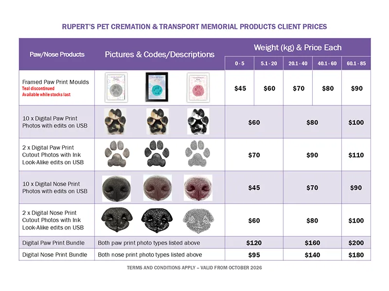 Rupert's Pet Cremation price list page 2