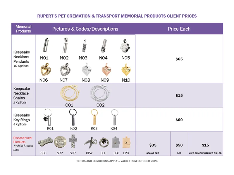 Rupert's Pet Cremation price list page 3
